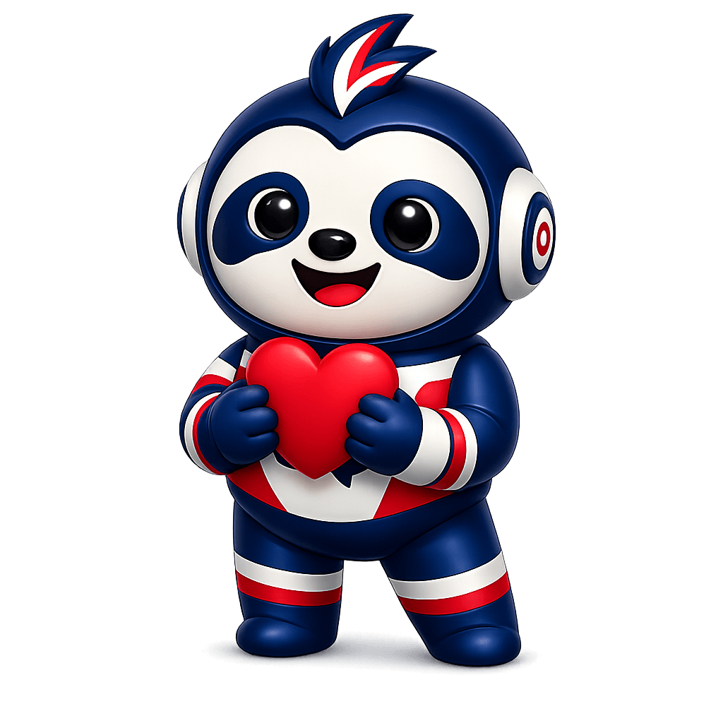 Mascota de Asistentico sosteniendo un corazón